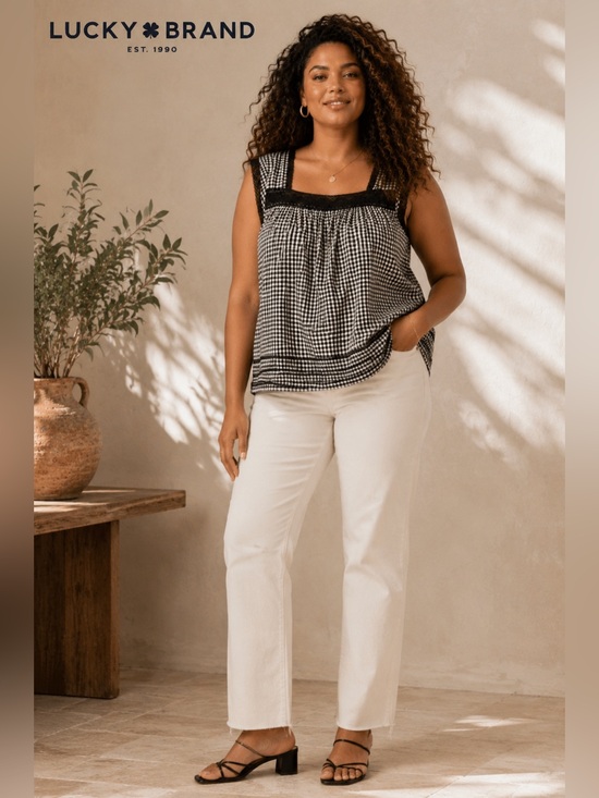 Lucky Brand Tops - Lucky Brand Lace Trim Tank Top XXL Black Gingham Square Neck Cottagecore Boho
